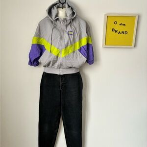 Gray and Purple Hooded Jacket with Neon Green Accents